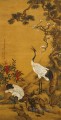中国の伝統的な松と梅の下の神泉鶴